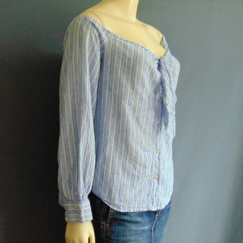 Free People Blue Striped Hello There Linen Tie Front Off Shoulder Top L - Picture 5 of 10